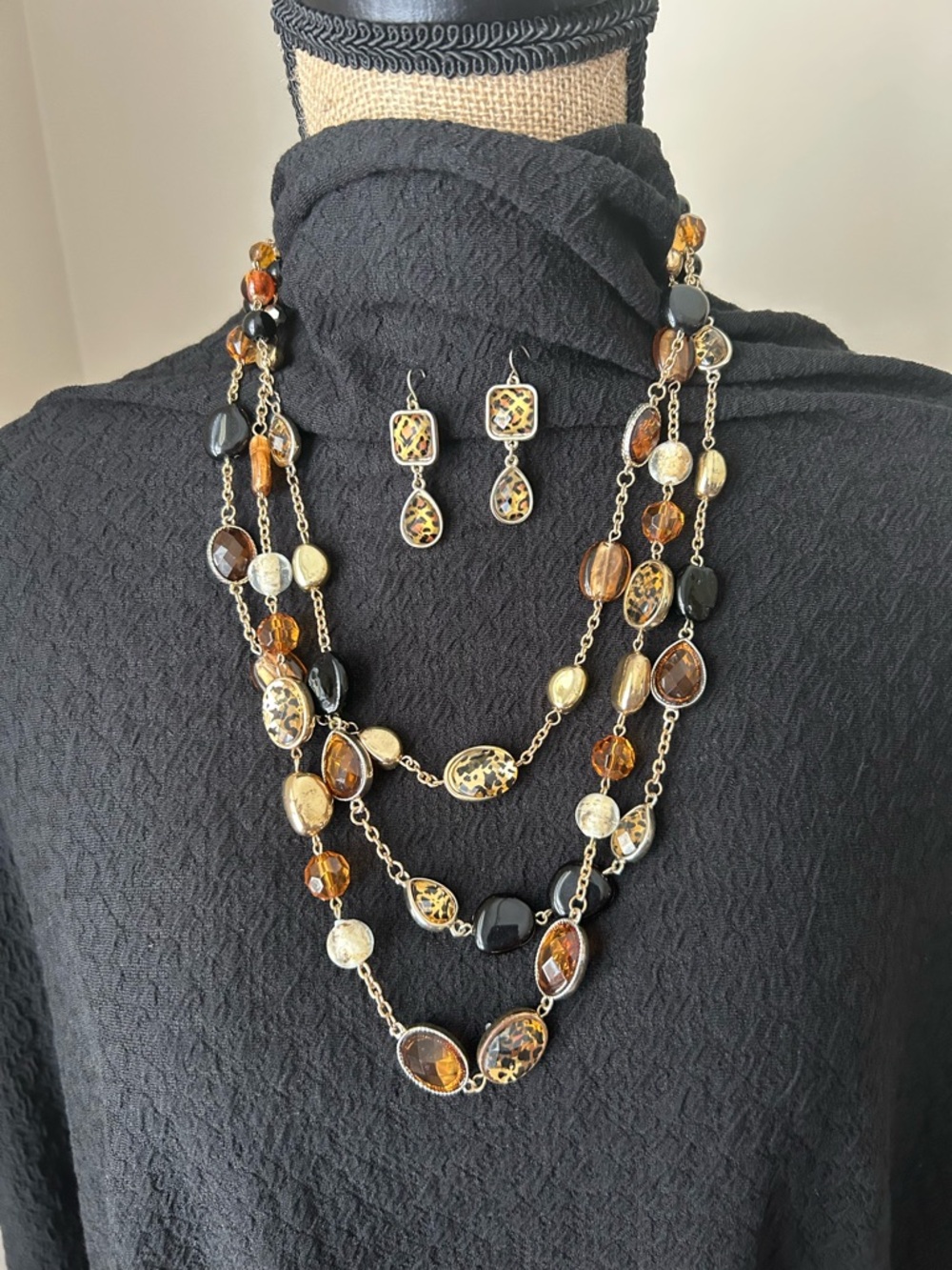 Multi-Strand Amber & Black Bead Necklace with Matching Earrings